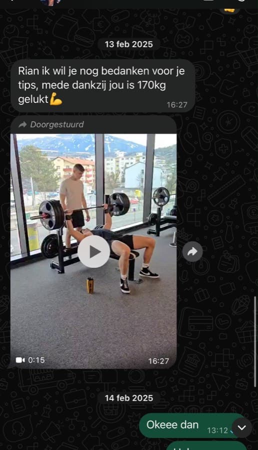 Appje van Pim: hij bedankt Rian voor de tips, mede dankzij hem is 170 kilo bankdrukken gelukt.