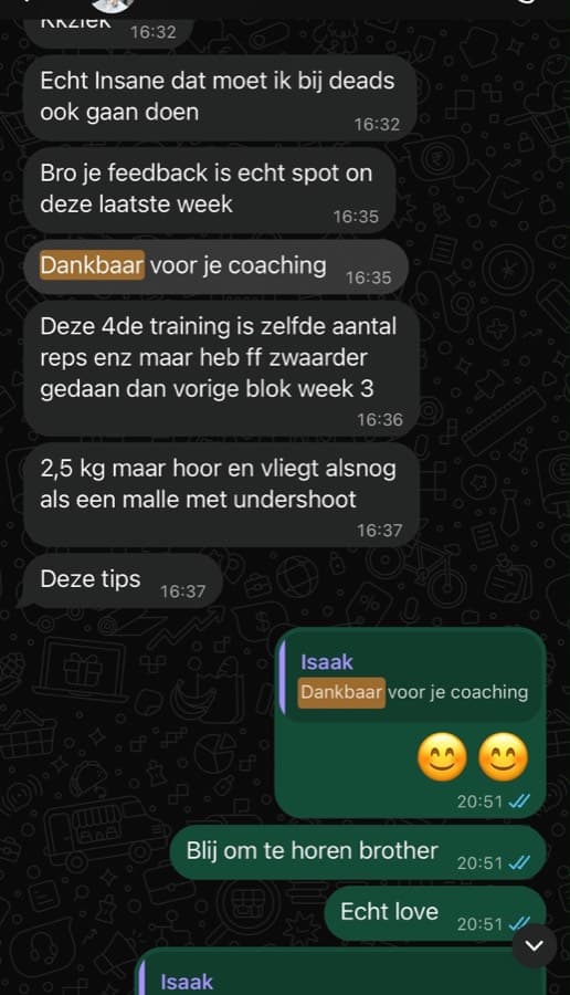 Appje van Isaak: Rians feedback was spot on deze week en hij is dankbaar voor de coaching, met 2,5 kilo erbij die alsnog vloog.