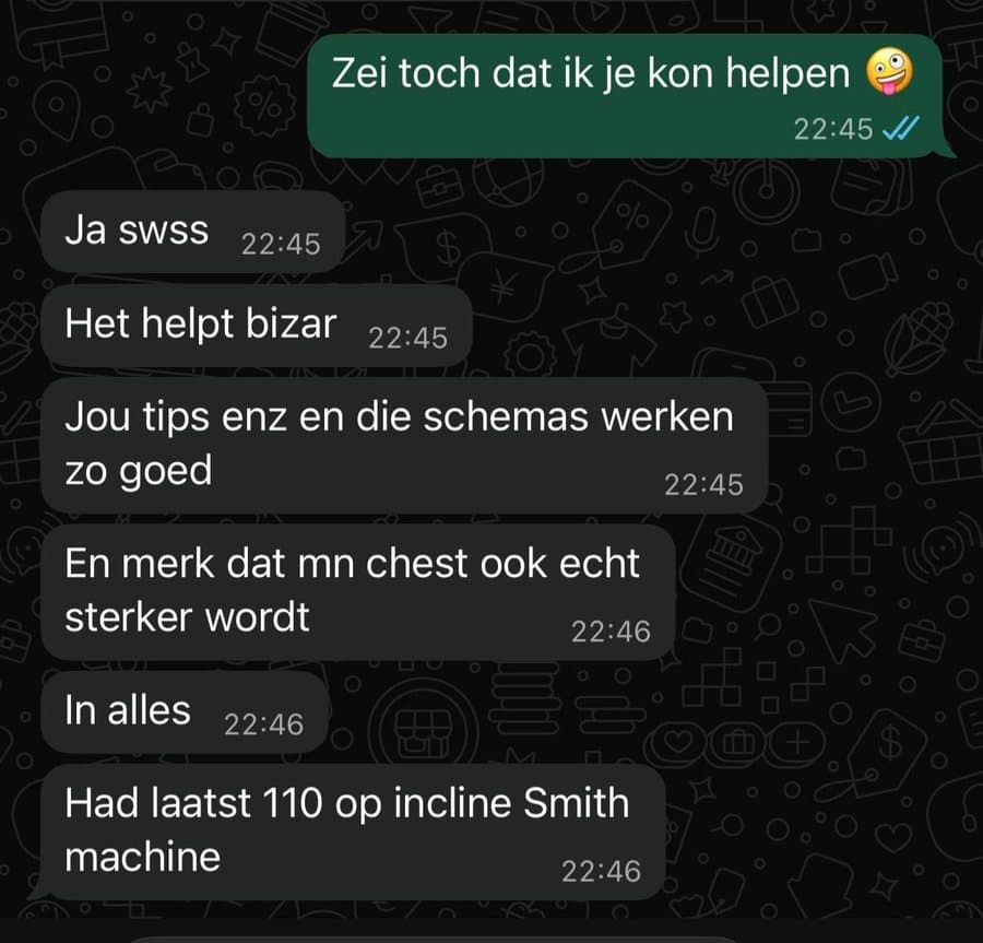Appje van een klant: Rians tips en schema's werken zo goed dat hij overal sterker wordt, met laatst 110 kilo op de incline Smith machine.