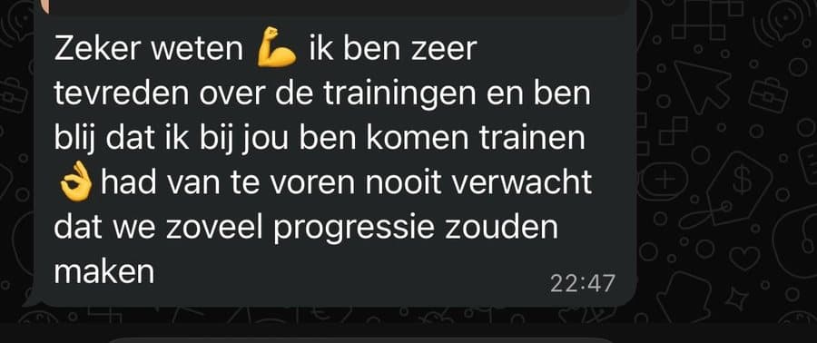 Appje van een klant: zeer tevreden over de trainingen, blij dat hij bij Rian is komen trainen, en had van tevoren nooit verwacht zoveel progressie te maken.