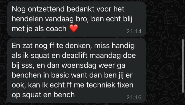 Appje van Sietse na een wedstrijddag: ontzettend bedankt voor het begeleiden vandaag, hij is echt blij met Rian als coach en wil zijn techniek op squat en bench verder aanscherpen.