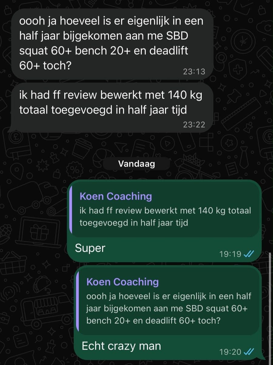 Appje van Koen: in een half jaar kwam er 60 kilo bij op zijn squat, 20 op zijn bench en 60 op zijn deadlift, samen 140 kilo. Hij heeft zijn review erop aangepast.